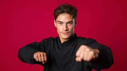 Young man in a black uniform practicing martial arts against a red background
