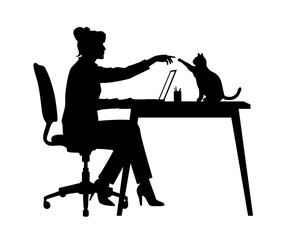 Silhouette of a woman working at desk with laptop and cat vector illustration