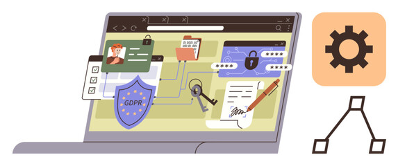 gdpr compliance shield, file lock, digital key, user profile, documents on laptop screen, cogwheel icon nearby. Ideal for cybersecurity, data protection, compliance privacy policy workflow