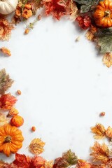 Autumnal frame of pumpkins and leaves on a light background