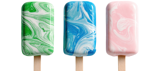 Three colorful marble-patterned popsicles on sticks