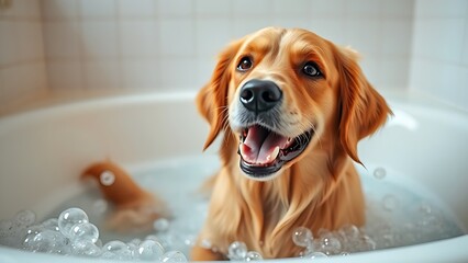 A playful golden retriever in a bathtub surrounded by floating bubbles, captured in warm light.
