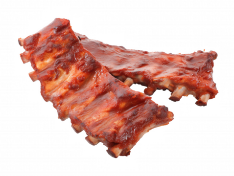 Two racks of barbecued ribs with reddish-brown glaze on transparent background