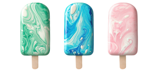 Three colorful ice pops, featuring marbled designs in teal, blue, and pink