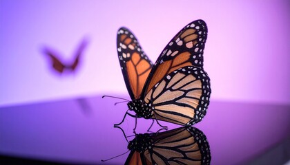 Fototapeta premium Monarch Butterfly Resting on Reflective Surface with Blurred Background
