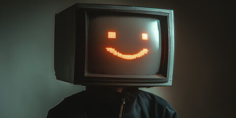 Person wearing old television showing pixelated smiley face as head covering