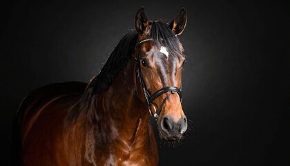 Fototapeta premium Elegant studio portrait of a beautiful brown horse with a shiny coat, isolated on a solid black background.