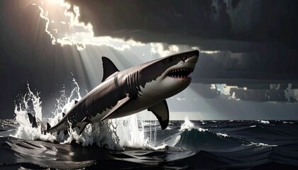 Obraz premium A powerful great white shark dramatically breaches the surface of a stormy ocean with sunbeams illuminating the scene.