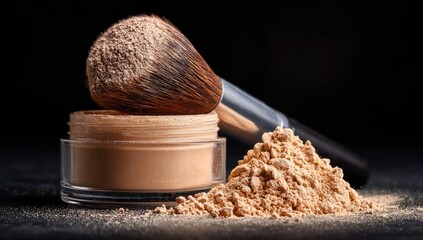 A makeup brush rests on a compact of loose face powder, with a pile of powder spilled nearby against a dark background