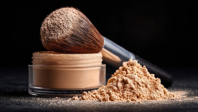 A makeup brush rests on a compact of loose face powder, with a pile of powder spilled nearby against a dark background