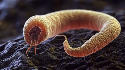 A single, long, orange worm with a segmented body and a head with a pair of antennae, crawling on a dark, rocky surface.