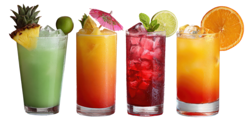 Four colorful cocktails garnished with fruit slices
