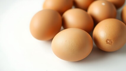 Fresh brown eggs displayed on a pure white background, emphasizing natural textures and simplicity.