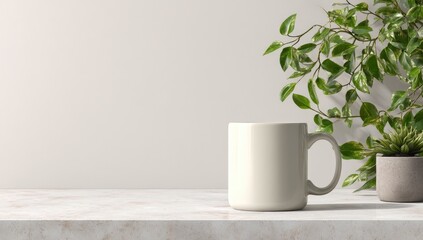 A plain white mug sits on a marble surface next to a potted succulent and a leafy plant against a minimalist, off-white wall