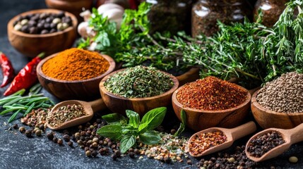 A variety of spices and herbs in wooden bowls, with a dark background and a mix of green and red spices.