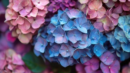 Obraz premium A vibrant display of hydrangea flowers in shades of pink and purple, with a blue hue, set against a blurred green background, creating a soft,
