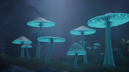 Glowing mushrooms illuminate the forest floor with their bioluminescence