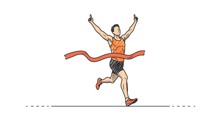 Illustration of runner winning race crossing finish line marathon achievement success competition sport victory -