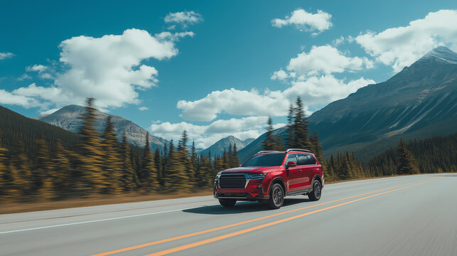 Red SUV traveling along a scenic mountain highway