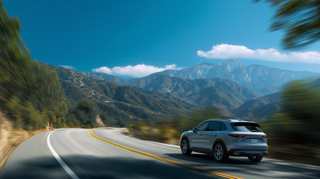 Grey SUV cruising along a scenic mountain highway