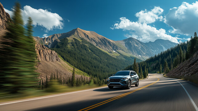 SUV cruising along a scenic mountain highway