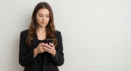 Fototapeta premium Business woman texting on smartphone near white wall, clean minimal light, concept of mobile banking, messaging and productivity, ideal for app promos, fintech and ui mockups for designers