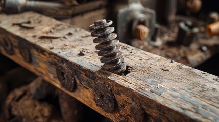 A rusty metal spring protruding from a wooden plank in a workshop setting, with a blurred background of tools and machinery.
