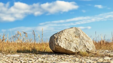 A large, round, white rock sits in a field of dry grass under a blue sky with scattered clouds.