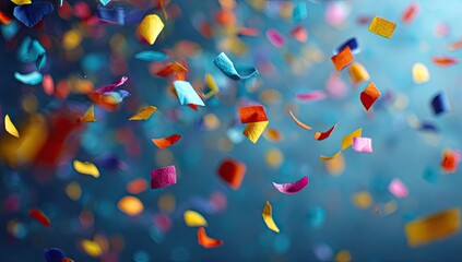 Colorful confetti falling against a dark blue background