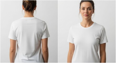 Woman wearing a plain white t-shirt, front and back view, against a white background, showcasing the garment's design.