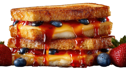 Stacked, golden-brown, toasted bread sandwich, dripping with sweet, red sauce, layered with melted cheese and blueberries. Fresh strawberries surround the sandwich