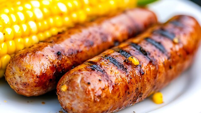 Two grilled sausages with char marks served with corn on the cob