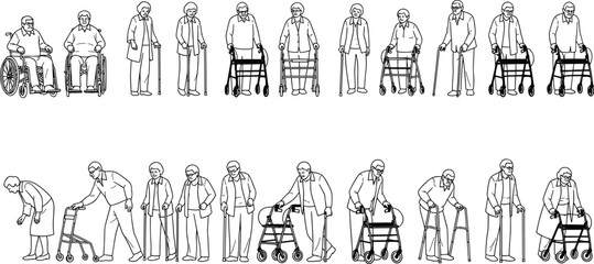 Elderly people using wheelchairs, walkers, canes, rehabilitation equipment, healthcare support, senior care, medical illustration, mobility aids, physical therapy