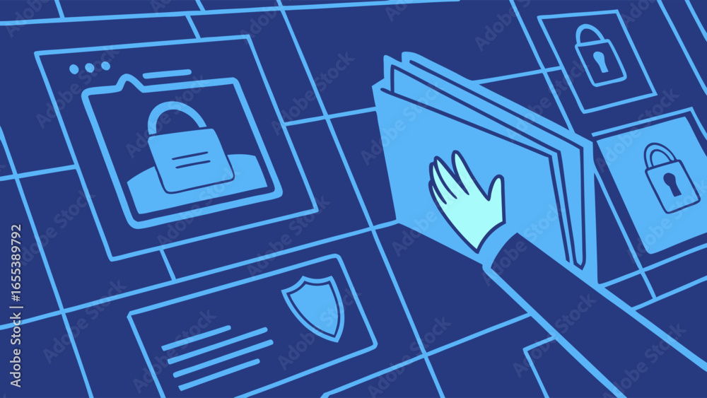 Wall mural digital security system with hand and padlocks on a grid.
