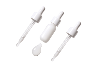 Three white plastic dropper bottles and a separate drop applicator