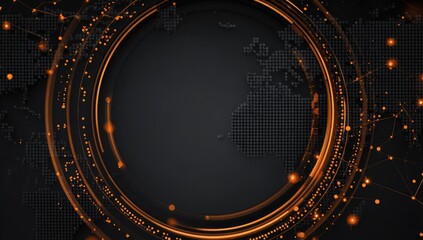 Dark background with glowing orange concentric circles around a halftone world map, suggesting global connectivity and data flow