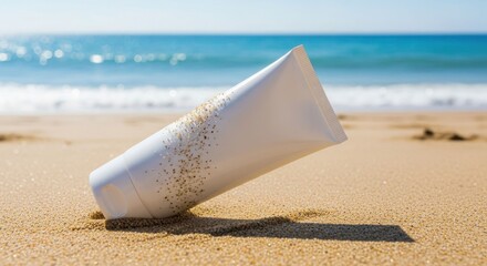 White tube of sunscreen lies on a sandy beach with the ocean visible in the background.