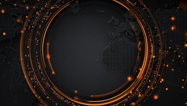 Dark background with glowing orange concentric circles around a halftone world map, suggesting global connectivity and data flow - Powered by Adobe