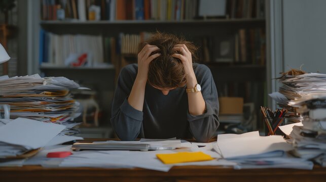 A person appears overwhelmed by paperwork, with their head in their hands, surrounded by a chaotic desk filled with stacks of documents.