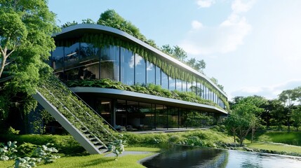 Fototapeta premium Modern Eco-Friendly Building Blending Architecture and Nature Seamlessly