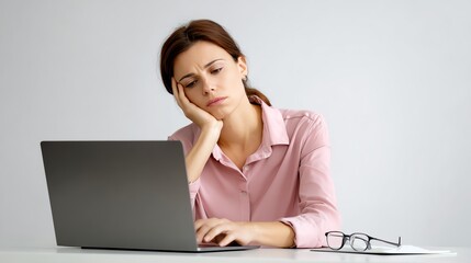 A woman looks frustrated while working on a laptop, resting her chin on her hand, indicating stress or boredom.