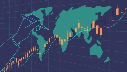 Obraz premium Hand Drawing Financial Chart on World Map.