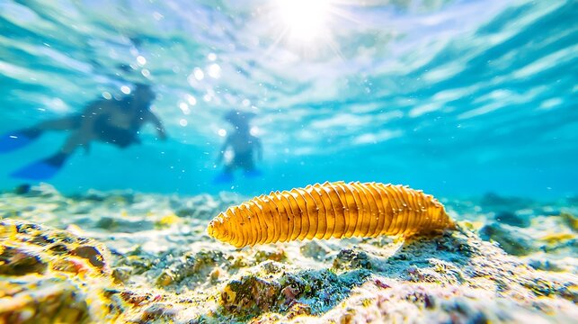 Sea cucumber on the ocean floor with snorkelers in the background - Powered by Adobe