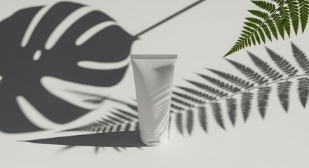 A white cosmetic tube stands amidst shadows of tropical foliage, creating a natural aesthetic.