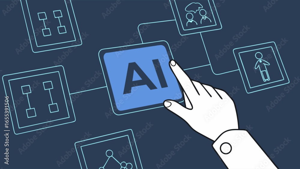 Wall mural hand touching ai button in digital interface.