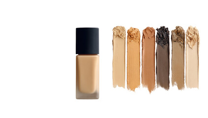 Foundation shades displayed. A rectangular bottle of beige foundation sits beside various shades of foundation, displayed as smudged swatches