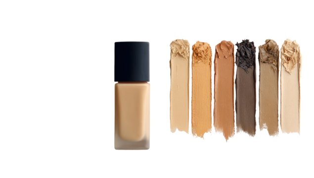 Foundation shades displayed. A rectangular bottle of beige foundation sits beside various shades of foundation, displayed as smudged swatches
