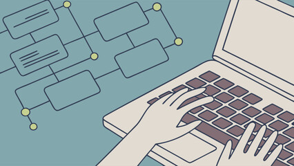 Hands Typing on Laptop with Flowchart Background.
