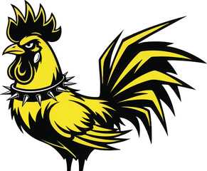 Fototapeta premium A stylized illustration of a yellow and black rooster with a spiked collar, standing proudly.