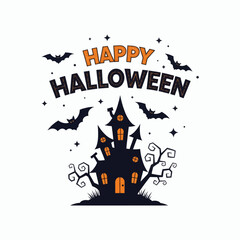 A Halloween graphic of a haunted house silhouette with orange windows bats stars and HAPPY HALLOWEEN text